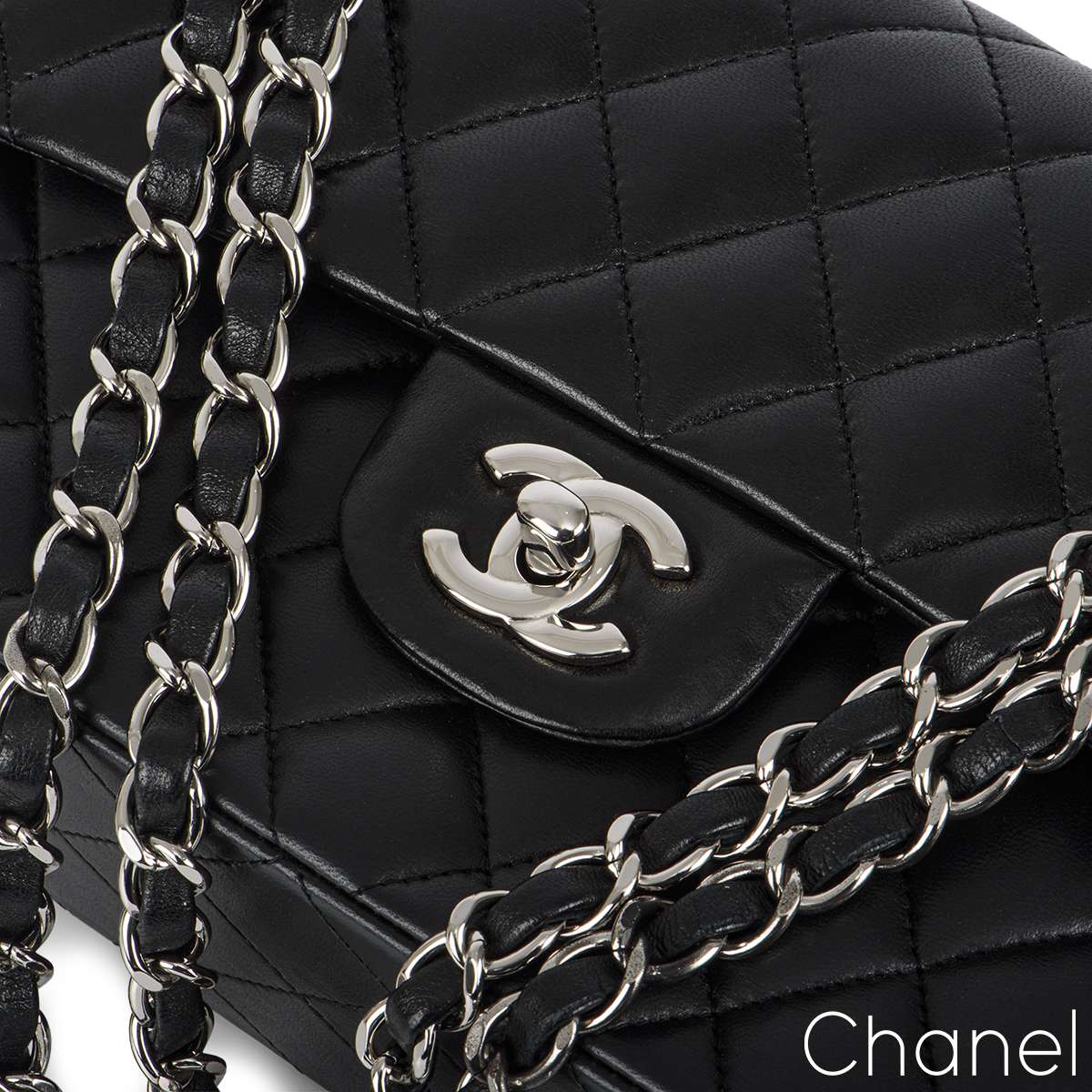 Chanel Timeless Classic Dbl Flap Bag Silver HW 23 cm Black Leather